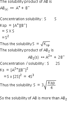 The space solubility space product space of space AB space is space
AB subscript left parenthesis straight s right parenthesis end subscript space left right arrow space straight A to the power of plus plus space straight B to the power of minus

Concentration space solubility space colon space straight S space space space space space space space space space straight S
Ksp space equals space left square bracket straight A to the power of plus right square bracket left square bracket straight B to the power of minus right square bracket
space equals space straight S space straight X space straight S
space equals straight S squared
Thus space the space solubility space straight S space equals space square root of straight K subscript sp end root
The space solubility space product space of space AB subscript 2 space is space
space space space space space space space space space space space space space space space space space space space space space space space space space space space space space space AB subscript 2 left parenthesis straight s right parenthesis space left right arrow straight A to the power of 2 plus end exponent space plus space 2 straight B to the power of minus
Concentration space divided by solubility space colon space straight S space space space space space space space 2 straight S
Ks space equals space left square bracket straight A to the power of 2 plus end exponent right square bracket left square bracket straight B to the power of minus right square bracket squared
space space space equals straight S space straight x space left square bracket 2 straight S right square bracket squared space equals space 4 straight S cubed
Thus space the space solubility space space straight S space equals space 3 square root of Ksp over 4 end root

So space the space solubility space of space AB space is space more space than space AB subscript 2




