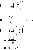 straight N space equals space straight N subscript straight o open parentheses space 1 half close parentheses to the power of straight n space

straight n space equals space 24 over 6 space equals space 4 space hours
straight N space equals space 3.2 space open parentheses 1 half close parentheses to the power of 4 space
space space space equals space fraction numerator 3.2 space over denominator 16 end fraction space
space space space equals space 0.2 space kg