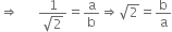 rightwards double arrow space space space space space space fraction numerator 1 over denominator square root of 2 end fraction equals straight a over straight b rightwards double arrow square root of 2 equals straight b over straight a