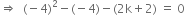 rightwards double arrow space space left parenthesis negative 4 right parenthesis squared minus left parenthesis negative 4 right parenthesis minus left parenthesis 2 straight k plus 2 right parenthesis space equals space 0