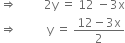 
rightwards double arrow space space space space space space space space space 2 straight y space equals space 12 space minus 3 straight x
rightwards double arrow space space space space space space space space space space straight y space equals space fraction numerator 12 minus 3 straight x over denominator 2 end fraction