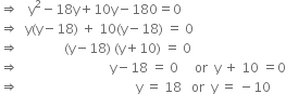 rightwards double arrow space space space straight y squared minus 18 straight y plus 10 straight y minus 180 equals 0
rightwards double arrow space space straight y left parenthesis straight y minus 18 right parenthesis space plus space 10 left parenthesis straight y minus 18 right parenthesis space equals space 0
rightwards double arrow space space space space space space space space space space space space space space left parenthesis straight y minus 18 right parenthesis space left parenthesis straight y plus 10 right parenthesis space equals space 0
rightwards double arrow space space space space space space space space space space space space space space space space space space space space space space space space space space space space straight y minus 18 space equals space 0 space space space space space or space space straight y space plus space 10 space equals 0
rightwards double arrow space space space space space space space space space space space space space space space space space space space space space space space space space space space space space space space space space space space space straight y space equals space 18 space space space or space space straight y space equals space minus 10