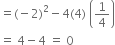 equals left parenthesis negative 2 right parenthesis squared minus 4 left parenthesis 4 right parenthesis space open parentheses 1 fourth close parentheses
equals space 4 minus 4 space equals space 0