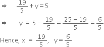 rightwards double arrow space space space space space 19 over 5 plus straight y equals 5
rightwards double arrow space space space space space space space straight y space equals space 5 minus 19 over 5 equals fraction numerator 25 minus 19 over denominator 5 end fraction equals 6 over 5
Hence comma space straight x space equals space 19 over 5 comma space space space straight y equals 6 over 5