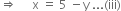 rightwards double arrow space space space space space straight x space equals space 5 space minus straight y space... left parenthesis iii right parenthesis