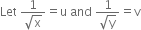 Let space fraction numerator 1 over denominator square root of straight x end fraction equals straight u space and space fraction numerator 1 over denominator square root of straight y end fraction equals straight v