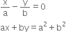 straight x over straight a minus straight y over straight b equals 0
ax plus by equals straight a squared plus straight b squared