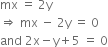 mx space equals space 2 straight y
rightwards double arrow space mx space minus space 2 straight y space equals space 0
and space 2 straight x minus straight y plus 5 space equals space 0
