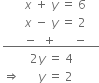 space space space space space space space space x space plus space y space equals space 6
space space space space space space space space x space minus space y space equals space 2
space bottom enclose space space space space space space space minus space space plus space space space space space space minus space space space space end enclose
space space space space space space space space space space 2 y space equals space 4
space rightwards double arrow space space space space space space y space equals space 2