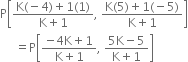 straight P open square brackets fraction numerator straight K left parenthesis negative 4 right parenthesis plus 1 left parenthesis 1 right parenthesis over denominator straight K plus 1 end fraction comma space fraction numerator straight K left parenthesis 5 right parenthesis plus 1 left parenthesis negative 5 right parenthesis over denominator straight K plus 1 end fraction close square brackets
space space space space space equals straight P open square brackets fraction numerator negative 4 straight K plus 1 over denominator straight K plus 1 end fraction comma space fraction numerator 5 straight K minus 5 over denominator straight K plus 1 end fraction close square brackets