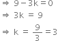 rightwards double arrow space 9 minus 3 straight k equals 0
rightwards double arrow space 3 straight k space equals space 9
rightwards double arrow space straight k space equals space 9 over 3 equals 3