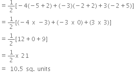 equals 1 half left square bracket negative 4 left parenthesis negative 5 plus 2 right parenthesis plus left parenthesis negative 3 right parenthesis left parenthesis negative 2 plus 2 right parenthesis plus 3 left parenthesis negative 2 plus 5 right parenthesis right square bracket
equals 1 half left square bracket left parenthesis negative 4 space straight x space minus 3 right parenthesis plus left parenthesis negative 3 space straight x space 0 right parenthesis plus left parenthesis 3 space straight x space 3 right parenthesis right square bracket
equals 1 half left square bracket 12 plus 0 plus 9 right square bracket
equals 1 half straight x space 21
equals space 10.5 space sq. space units