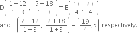 
straight D open parentheses fraction numerator 1 plus 12 over denominator 1 plus 3 end fraction comma space fraction numerator 5 plus 18 over denominator 1 plus 3 end fraction close parentheses equals straight E open parentheses 13 over 4 comma 23 over 4 close parentheses
and space straight E open parentheses fraction numerator 7 plus 12 over denominator 1 plus 3 end fraction comma space fraction numerator 2 plus 18 over denominator 1 plus 3 end fraction close parentheses equals open parentheses 19 over 4 comma 5 close parentheses space respectively.