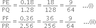 PE over PQ equals fraction numerator 0.18 over denominator 1.28 end fraction equals 18 over 128 equals 9 over 64 space space space space... left parenthesis straight i right parenthesis
PF over PR equals fraction numerator 0.36 over denominator 2.56 end fraction equals 36 over 256 equals 9 over 64 space space space space space... left parenthesis ii right parenthesis