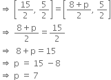 rightwards double arrow space open square brackets 15 over 2 comma space 5 over 2 close square brackets equals open square brackets fraction numerator 8 plus straight p over denominator 2 end fraction comma space 5 over 2 close square brackets
rightwards double arrow space fraction numerator 8 plus straight p over denominator 2 end fraction equals 15 over 2
rightwards double arrow space space 8 plus straight p equals 15
rightwards double arrow space straight p space equals space 15 space minus 8
rightwards double arrow space straight p space equals space 7