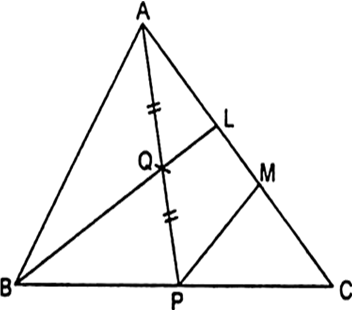 
Given: A ∆ABC in which P is the mid-point of side BC, Q is the mid 