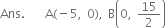 Ans. space space space space straight A left parenthesis negative 5 comma space 0 right parenthesis comma space straight B open parentheses 0 comma space 15 over 2 close parentheses
