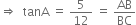 rightwards double arrow space space tanA space equals space 5 over 12 space equals space AB over BC