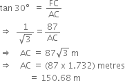 tan space 30 degree space space equals space FC over AC
rightwards double arrow space space fraction numerator 1 over denominator square root of 3 end fraction equals 87 over AC
rightwards double arrow space space space space AC space equals space 87 square root of 3 space straight m
rightwards double arrow space space space space AC space equals space left parenthesis 87 space straight x space 1.732 right parenthesis space metres
space space space space space space space space space space space space space space equals space 150.68 space straight m