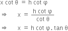 straight x space cot space straight theta space equals space straight h space cot space straight phi
rightwards double arrow space space space space space space straight x space equals space fraction numerator straight h space cot space straight phi over denominator cot space straight theta end fraction
rightwards double arrow space space space space space space straight x space equals space straight h space cot space straight phi. space tan space straight theta