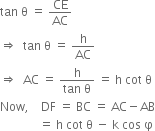 tan space straight theta space equals space CE over AC
rightwards double arrow space space tan space straight theta space equals space straight h over AC
rightwards double arrow space space AC space equals space fraction numerator straight h over denominator tan space straight theta end fraction space equals space straight h space cot space straight theta
Now comma space space space space DF space equals space BC space equals space AC minus AB
space space space space space space space space space space space space space equals space straight h space cot space straight theta space minus space straight k space cos space straight phi