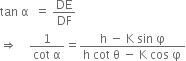 tan space straight alpha space space equals space DE over DF
rightwards double arrow space space space space fraction numerator 1 over denominator cot space straight alpha end fraction equals fraction numerator straight h space minus space straight K space sin space straight phi over denominator straight h space cot space straight theta space minus space straight K space cos space straight phi end fraction