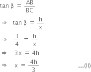 tan space straight beta space equals space AB over BC
rightwards double arrow space space space tan space straight beta space equals space straight h over straight x
rightwards double arrow space space space 3 over 4 space equals space straight h over straight x
rightwards double arrow space space space space 3 straight x space equals space 4 straight h
rightwards double arrow space space space space straight x space equals space fraction numerator 4 straight h over denominator 3 end fraction space space space space space space space space space space space space space space space space space space space space space space space space space space... left parenthesis ii right parenthesis
