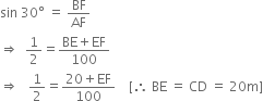 sin space 30 degree space equals space BF over AF
rightwards double arrow space space 1 half equals fraction numerator BE plus EF over denominator 100 end fraction
rightwards double arrow space space space 1 half equals fraction numerator 20 plus EF over denominator 100 end fraction space space space space left square bracket therefore space BE space equals space CD space equals space 20 straight m right square bracket