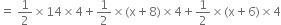 equals space 1 half cross times 14 cross times 4 plus 1 half cross times left parenthesis straight x plus 8 right parenthesis cross times 4 plus 1 half cross times left parenthesis straight x plus 6 right parenthesis cross times 4