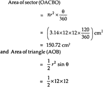 
Here, we haver = 12 cm and ө = 120°Let OACBO be the given sector an