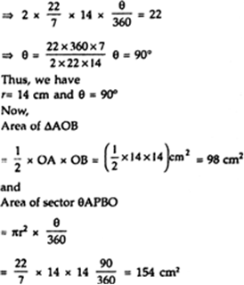 Find The Area Of The Segment Of A Circle Of Radius 14 Cm If The Length Of The Corresponding Arc Apb Is 22 Cm Use P 22 7 From Mathematics Areas Related