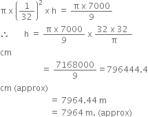 straight pi space straight x space open parentheses 1 over 32 close parentheses squared space straight x space straight h space equals space fraction numerator straight pi space straight x space 7000 over denominator 9 end fraction
therefore space space space space space space space straight h space equals space fraction numerator straight pi space straight x space 7000 over denominator 9 end fraction space straight x space fraction numerator 32 space straight x space 32 space over denominator straight pi end fraction
cm
space space space space space space space space space space space space space space space space space space space space equals space 7168000 over 9 equals 796444.4
cm space left parenthesis approx right parenthesis
space space space space space space space space space space space space space space space space space space space space space space space space equals space 7964.44 space straight m
space space space space space space space space space space space space space space space space space space space space space space space space equals space 7964 space straight m. space left parenthesis approx right parenthesis space