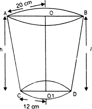 
Radius of frustum,r = 12 cm, R = 20 cm, V = 12308.8 cm3.
