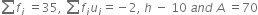 sum from blank to blank of f subscript i space equals 35 comma space sum from blank to blank of f subscript i u subscript i equals negative 2 comma space h space minus space 10 space a n d space A space equals 70