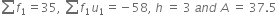 sum from blank to blank of f subscript 1 equals 35 comma space sum from blank to blank of f subscript 1 u subscript 1 equals negative 58 comma space h space equals space 3 space a n d space A space equals space 37.5