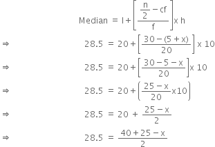 space space space space space space space space space space space space space space space space space space space space space space space space space space space space space space space space space space space space space space Median space equals space straight l plus open square brackets fraction numerator begin display style straight n over 2 minus cf end style over denominator straight f end fraction close square brackets straight x space straight h
rightwards double arrow space space space space space space space space space space space space space space space space space space space space space space space space space space space space space space space space space space space 28.5 space equals space 20 plus open square brackets fraction numerator 30 minus left parenthesis 5 plus straight x right parenthesis over denominator 20 end fraction close square brackets space straight x space 10
rightwards double arrow space space space space space space space space space space space space space space space space space space space space space space space space space space space space space space space space space space space 28.5 space equals space 20 plus open square brackets fraction numerator 30 minus 5 minus straight x over denominator 20 end fraction close square brackets straight x space 10
rightwards double arrow space space space space space space space space space space space space space space space space space space space space space space space space space space space space space space space space space space space 28.5 space equals space 20 plus open parentheses fraction numerator 25 minus straight x over denominator 20 end fraction straight x 10 close parentheses
rightwards double arrow space space space space space space space space space space space space space space space space space space space space space space space space space space space space space space space space space space space 28.5 space equals space 20 space plus space fraction numerator 25 minus straight x over denominator 2 end fraction
rightwards double arrow space space space space space space space space space space space space space space space space space space space space space space space space space space space space space space space space space space space 28.5 space equals space fraction numerator 40 plus 25 minus straight x over denominator 2 end fraction