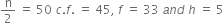 straight n over 2 space equals space 50 space c. f. space equals space 45 comma space f space equals space 33 space a n d space h space equals space 5