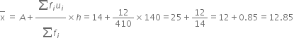 top enclose straight x space equals space A plus fraction numerator begin display style sum from blank to blank of end style f subscript i u subscript i over denominator begin display style sum from blank to blank of end style f subscript i end fraction cross times h equals 14 plus 12 over 410 cross times 140 equals 25 plus 12 over 14 equals 12 plus 0.85 equals 12.85