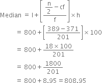 Median space equals space straight l plus open square brackets fraction numerator begin display style straight n over 2 end style minus cf over denominator straight f end fraction close square brackets cross times straight h
space space space space space space space space space space equals space 800 plus open square brackets fraction numerator 389 minus 371 over denominator 201 end fraction close square brackets cross times 100
space space space space space space space space space space equals space 800 plus fraction numerator 18 cross times 100 over denominator 201 end fraction
space space space space space space space space space space equals space 800 plus 1800 over 201
space space space space space space space space space space equals space 800 plus 8.95 equals 808.95
