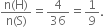 fraction numerator straight n left parenthesis straight H right parenthesis over denominator straight n left parenthesis straight S right parenthesis end fraction equals 4 over 36 equals 1 over 9.