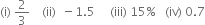 left parenthesis straight i right parenthesis space 2 over 3 space space space space left parenthesis ii right parenthesis space space minus 1.5 space space space space space left parenthesis iii right parenthesis space 15 percent sign space space space left parenthesis iv right parenthesis space 0.7