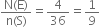 fraction numerator straight N left parenthesis straight E right parenthesis over denominator straight n left parenthesis straight S right parenthesis end fraction equals 4 over 36 equals 1 over 9