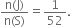 fraction numerator straight n left parenthesis straight J right parenthesis over denominator straight n left parenthesis straight S right parenthesis end fraction equals 1 over 52.