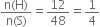 fraction numerator straight n left parenthesis straight H right parenthesis over denominator straight n left parenthesis straight S right parenthesis end fraction equals 12 over 48 equals 1 fourth