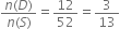 fraction numerator n left parenthesis D right parenthesis over denominator n left parenthesis S right parenthesis end fraction equals 12 over 52 equals 3 over 13