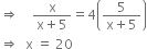 rightwards double arrow space space space space fraction numerator straight x over denominator straight x plus 5 end fraction equals 4 open parentheses fraction numerator 5 over denominator straight x plus 5 end fraction close parentheses
rightwards double arrow space space straight x space equals space 20