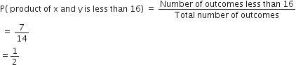 straight P left parenthesis space product space of space straight x space and space straight y space is space less space than space 16 right parenthesis space equals space fraction numerator Number space of space outcomes space less space than space 16 over denominator Total space number space of space outcomes end fraction
space equals space 7 over 14
equals 1 half