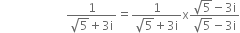 space space space space space space space space space space space space space space space space space space space space space space fraction numerator 1 over denominator square root of 5 plus 3 straight i end fraction equals fraction numerator 1 over denominator square root of 5 plus 3 straight i end fraction straight x fraction numerator square root of 5 minus 3 straight i over denominator square root of 5 minus 3 straight i end fraction