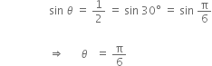 space space space space space space space space space space space space space space space space space space sin space theta space equals space 1 half space equals space sin space 30 degree space equals space sin space straight pi over 6

space space space space space space space space space space space space space space space space space space rightwards double arrow space space space space space space theta space space space equals space straight pi over 6