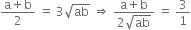 fraction numerator straight a plus straight b over denominator 2 end fraction space equals space 3 square root of ab space rightwards double arrow space fraction numerator straight a plus straight b over denominator 2 square root of ab end fraction space equals space 3 over 1